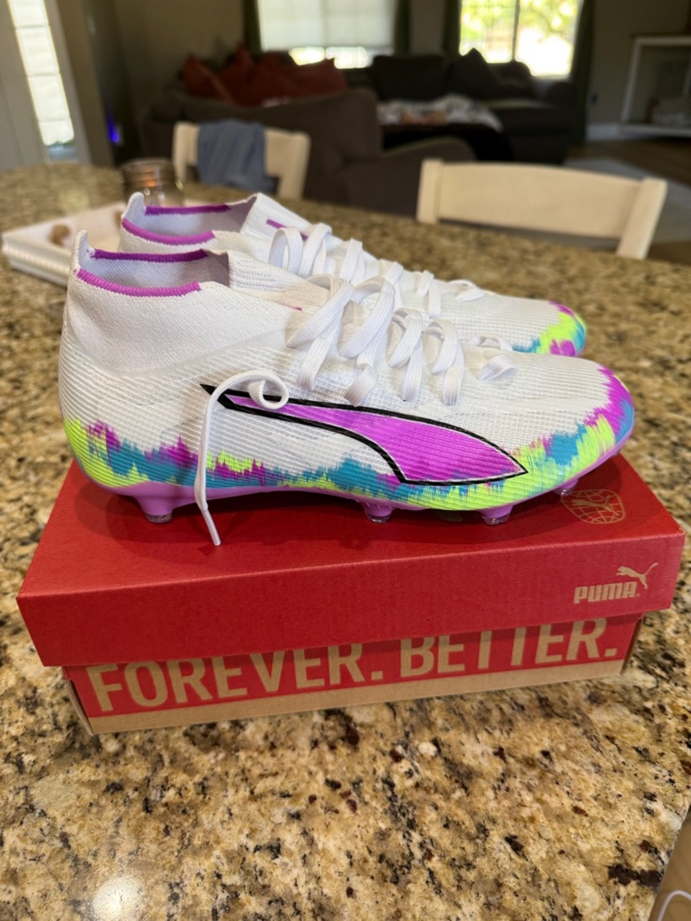 Puma White Soccer Cleats with Purple and Neon Accents